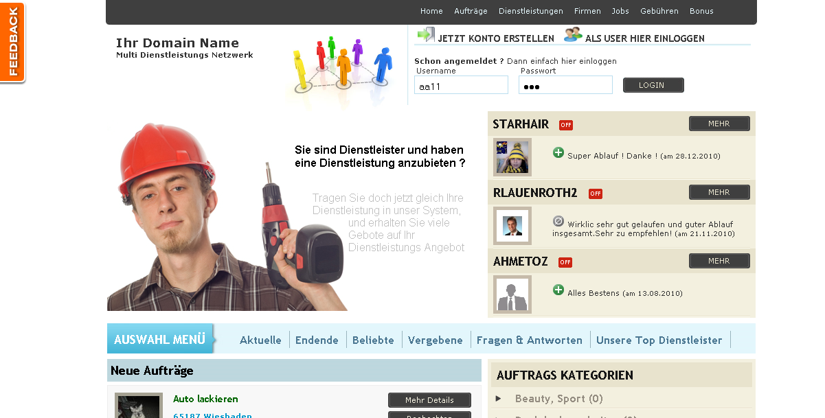 Business Netzwerk Script mit Auftr&auml;gen,Dienstleistungen,Firmen